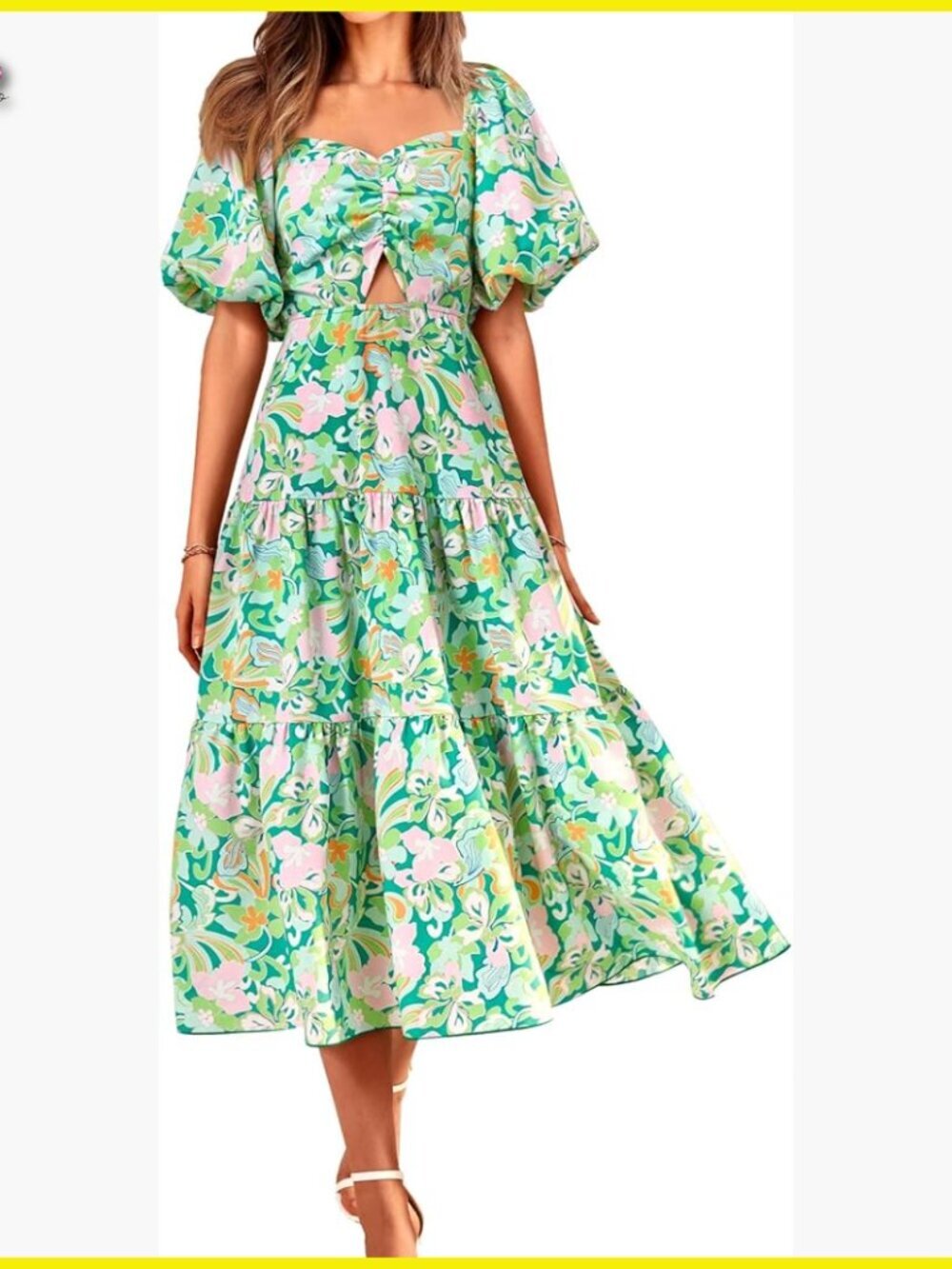 Boho Floral Maxi Dress Smocked Back Puff Sleeve Square Neck Casual Summer